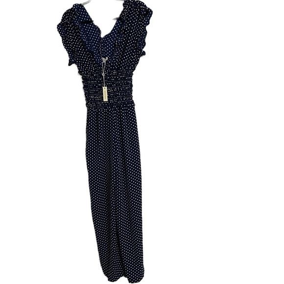 ✨NEW!✨ MAX STUDIO Women's Blue V-neck Polka Dot Shirred Waist Jumpsuit - XS - Picture 4 of 10